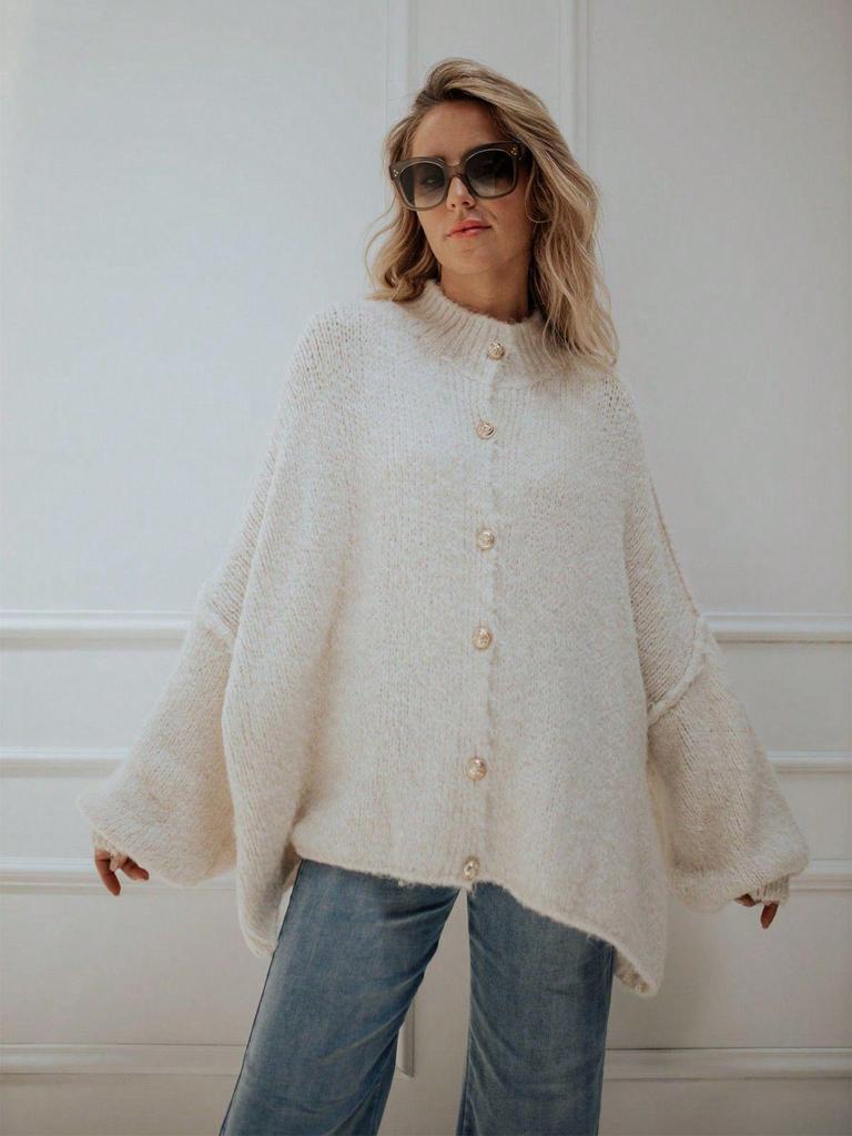 Chic European & American Style Women's Loose Round Neck Cardigan with Metal Buttons