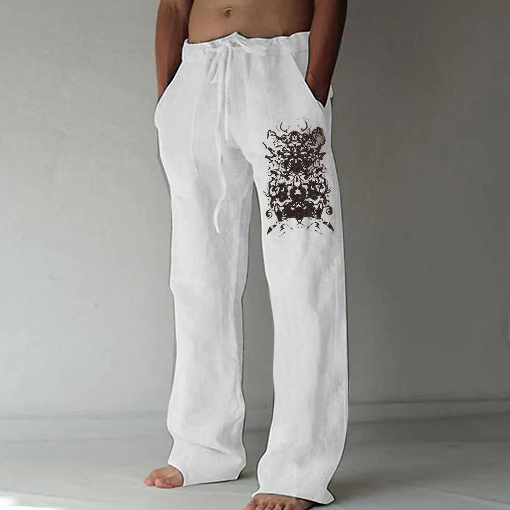 Men's Loose Casual Color Cotton Linen Trousers Elastic Tie Printed Straight Pants