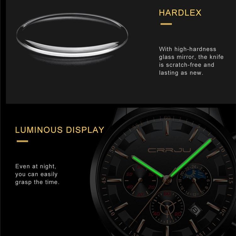 CRRJU Nové pánské sportovní hodinky s ocelovým páskem Móda Business Šestipinový multifunkční chronograf