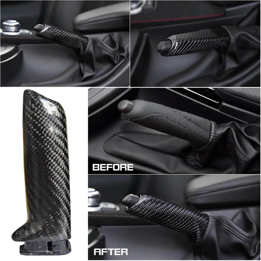 Handbroms i äkta kolfiber Bromshandtagsskydd FÖR BMW E46 E90 E92 F30 F32 F80 Biltillbehör Interiörer