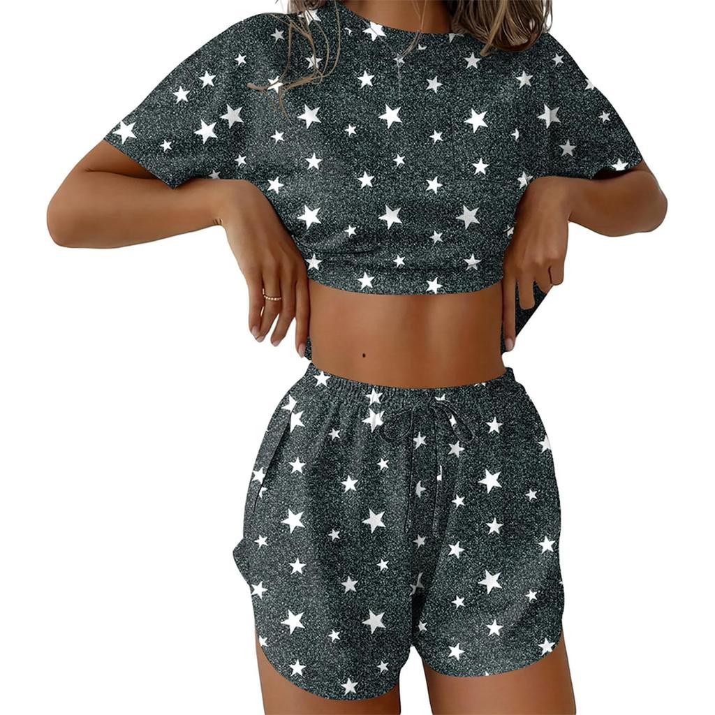 Women's Pajama Set Short Sleeve Striped Printed Two-piece Loungewear  Neck Pajamas Split Shorts Set Soft Sleepwear