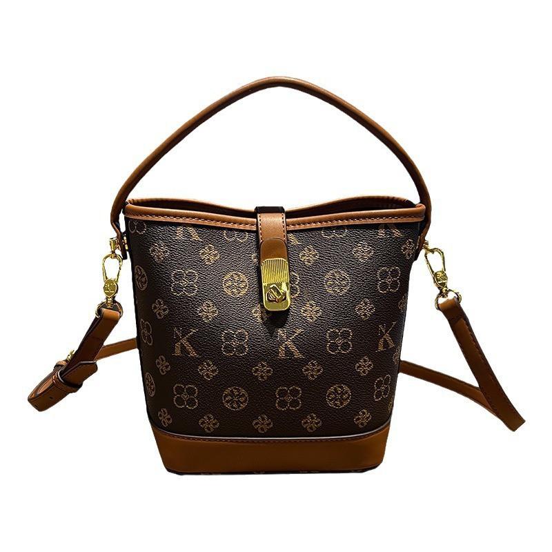 Womens Large Capacity Bucket Bag PU Leather Shoulder Crossbody Handbag Coffee Color Casual Style