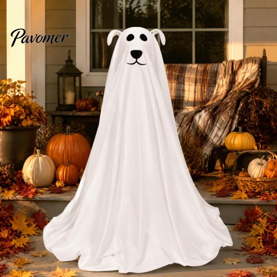Chien fantôme lumineux pour patio, décoration d'Halloween éclairée, figurine autonome mignonne et effrayante à piles avec télécommande et guirlande lumineuse pour porte d'entrée,
