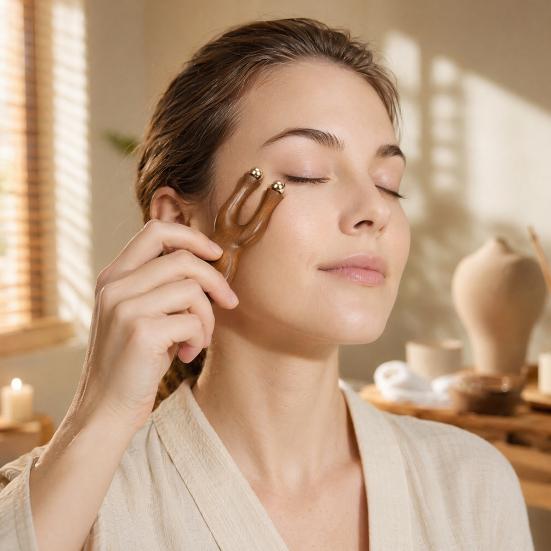 Yousheng Sandalwood Facial Massage Roller with 12 Brass Beads, Y-Shaped Ergonomic Gua Sha Tool for Face Eye Nose Ear Muscle Relaxation Tension Relief