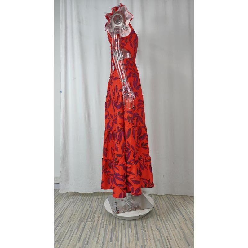 Sommerkleid für Damen, bedruckt, Rundhalsausschnitt, langer Rüschensaum