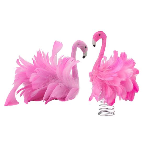 Flamingo Christmas Tree Topper Decoration Pink Artificial Feather Bird Decor with Clip/Spring Indoor Outdoor Garden Holiday Party Ornament