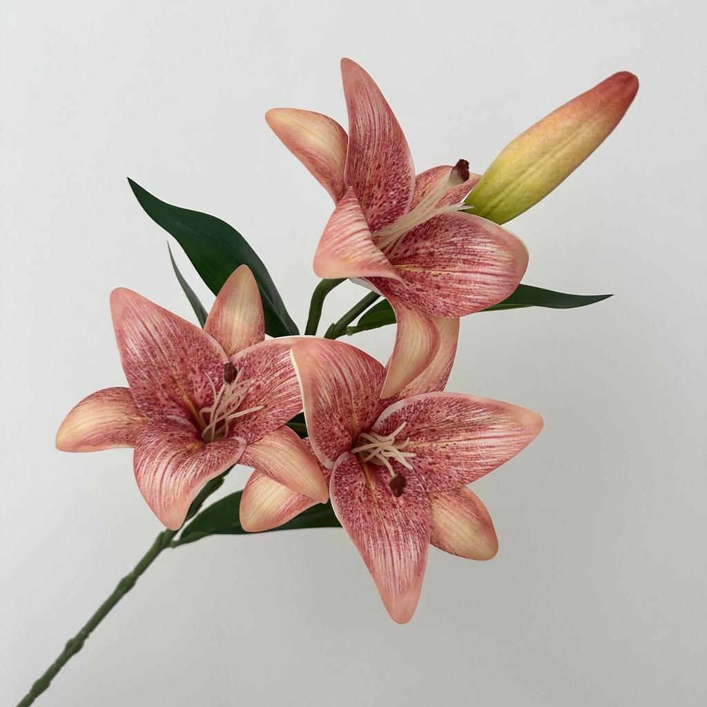 5PCS Artificial Lily Flower Branch Realistic Looking 3D Printed 3 Heads Lily Plant for Wedding Floral Decoration