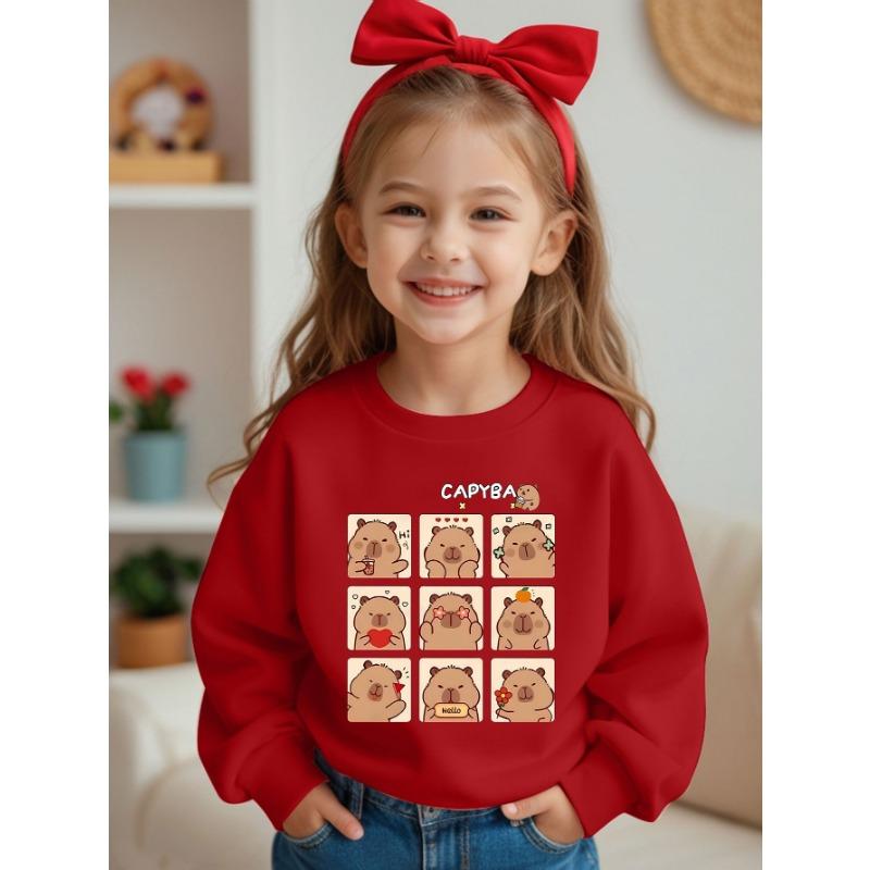 European sizes Capybara Graphic Crewneck Pullover with Red Bow, Fall/Winter Casual Sweater for Girls, Soft for School, Playdates, Outings.