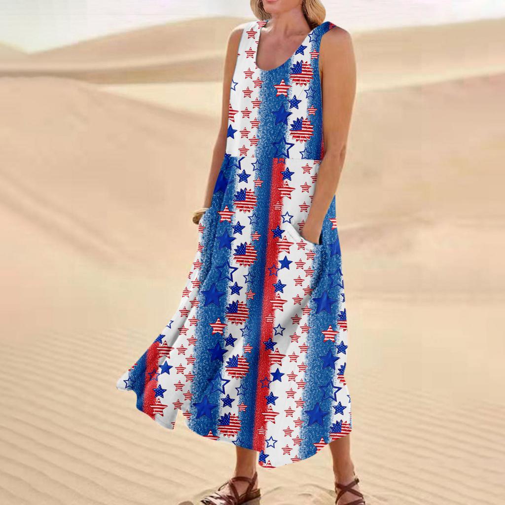 Women's Fashion Casual Independence Day Print Sleeveless Cotton Linen Pocket Dress