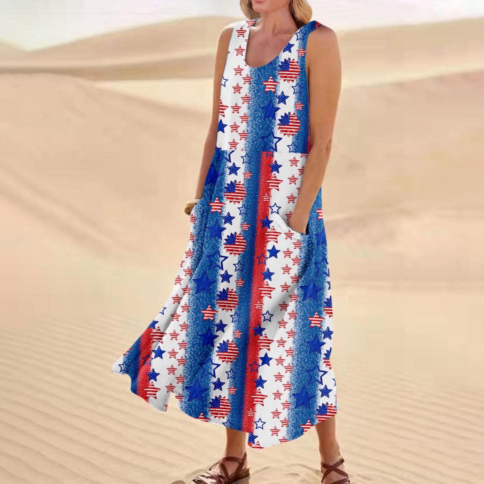 

Женское модное повседневное платье без рукавов с принтом «День независимости» из хлопка и льна с карманами L синий