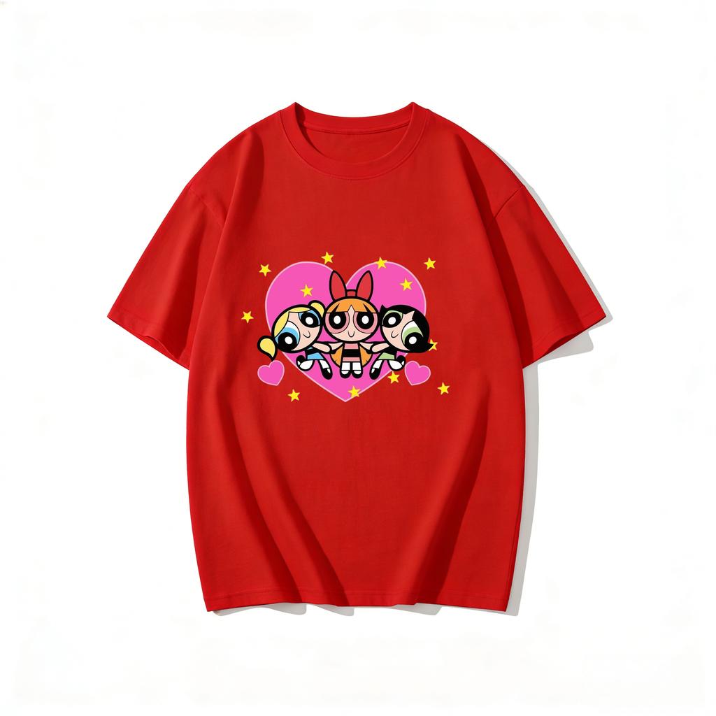 2026 Sommer Niedliche Powerpuff Girls Familien-Matching T-Shirts Cartoon-Druck Baumwoll-T-Shirts Lässige Kurzarm-Oberteile für Kinder und Erwachsene