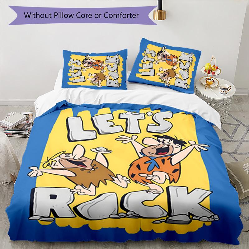 Flintstones 3pcs Bedding Set Duvet Cover Closure Includes 1 Duvet Cover & 2 Pillowcases for All Seasons Bedroom Home Dorm Decor