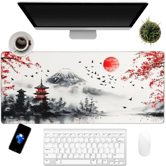 Japanese Cherry Blossoms Art Mouse Pad 31.5"x12" Large - Japanese Traditional Design Water-Resistant Surface Desk Mat with Non-Skid Base for