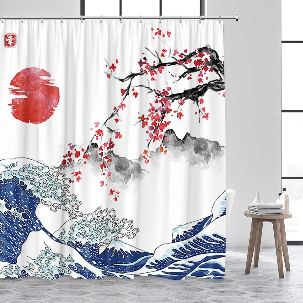 Japanese Style Shower Curtain Octopus Koi Fish Sea Waves Cherry Blossom Abstract Mountain Ink Art Curtains Fabric Bathroom Decor