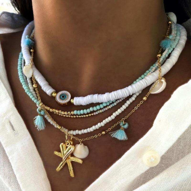 Accessories, Bohemian soft pottery beaded necklace, personalized starfish shell pendant stacked necklace for women