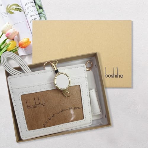 boshiho Name Tag Case, Neck Hanging, Stylish, Horizontal, Double-Sided, Reel, Pen Holder, Neck Strap Included, Genuine Leather, ID Card Holder