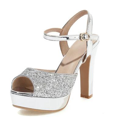 Sexy Women Sequinted Summer Open Toe Sandals Gold Sliver Ladies Dress Platform Shoes Fashion Buckle Square High Heel Sandals