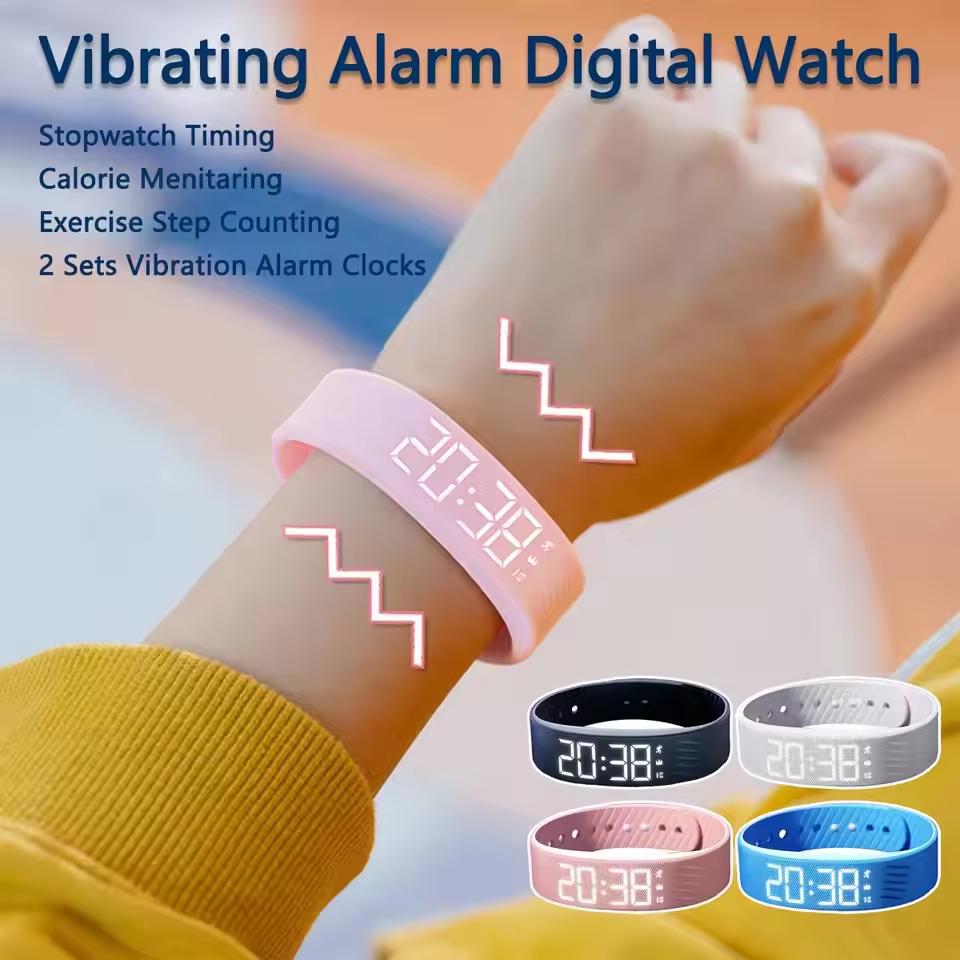 LED Digital Alarm Clock Watch Adjustable Snooze-proof Vibrating Alarm Wristband with Running Pedometer Waterproof Smart Bracelet