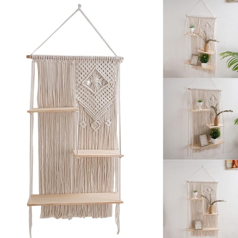 Macrames Wall Shelf 3 Tiers Tassels Shelves for Wall Tapestry Hangings Shelves Cotton Rope Organizers Indoor Plant Decors