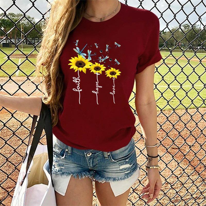 Hope Faith Love Sunflower 3D Printed Women's Short Sleeve Round Neck Summer T-shirt