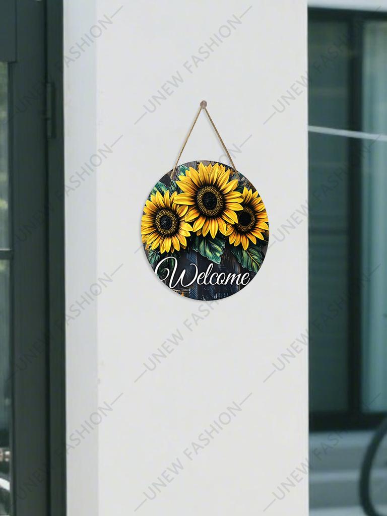 Welcome Sunflower Round Wooden Hanging Sign, 2D Flat Wooden Farmhouse Front Door Decor