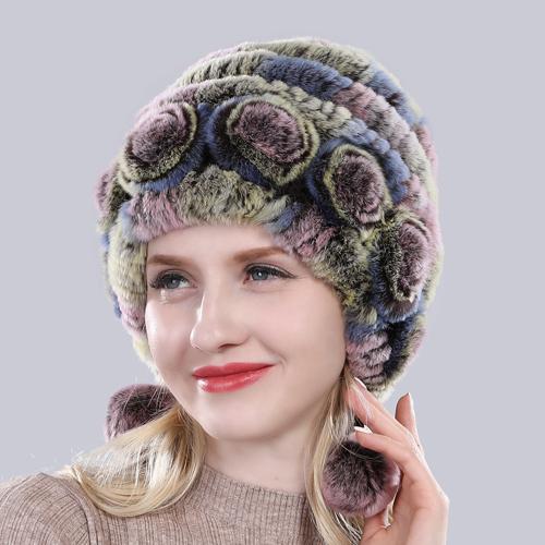 Sale Winter Women Flowers Striped Natural Real Rex Rabbit Fur Hats Lady Warm Knit Genuine Fur Caps Russian Outdoor Fur Hats