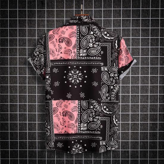 Pánská letní plážová košile Barevný potisk Krátké rukávy Jednořadý kardigan Volný Střední délka Ohrnovací límec Pánské Top