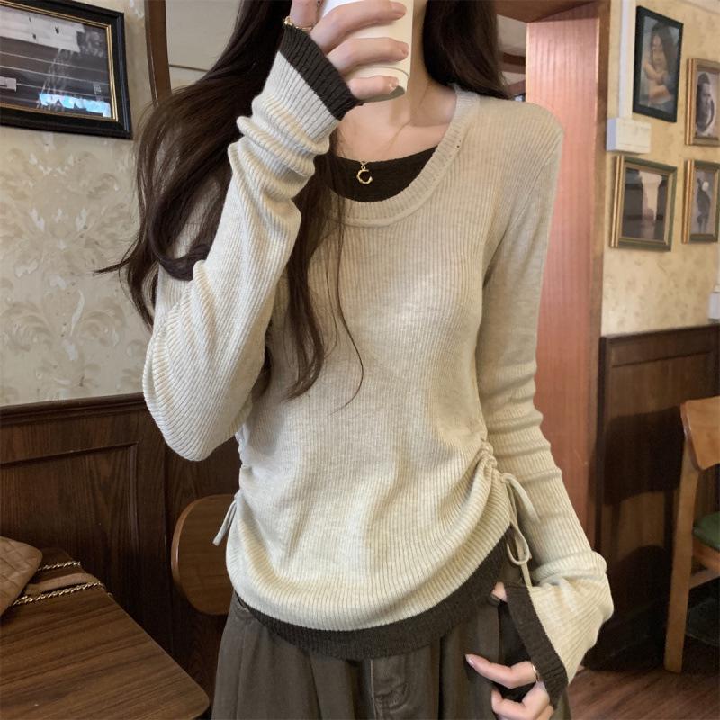 

Elegant Color Block Drawstring Knit Top - 2024 Autumn/Winter Korean Style U-Neck Long Sleeve Base Layer One Size