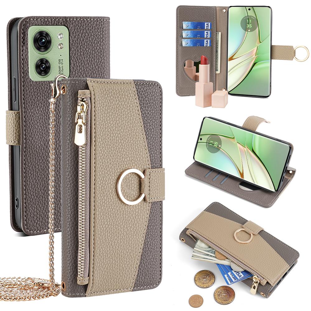 

For Motorola Edge 40 5G Leather Case with Chain Strap Zipper Wallet Stand Phone Bag Cover B