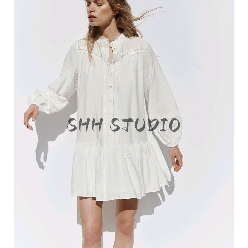 Spring Women Clothes Casual Style Mid-Length Round Neck Long Sleeve Floral Embroidery Mini Dress 3897067