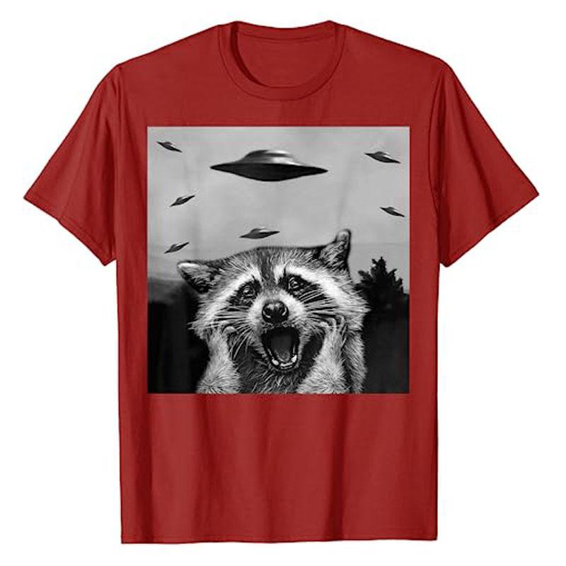 Alien UFO Funny Raccoon Stuffed Animal for Men, Women, Kids T-Shirt Raccoon Lover Graphic Tee Tops Short Sleeve Blouses Gifts