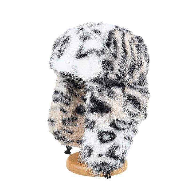 Imitation Rabbit Hair Lei Feng Cap Female Winter Thickened Warm Leopard Plush Ear Protection Imitation Fur Cold Hat Men