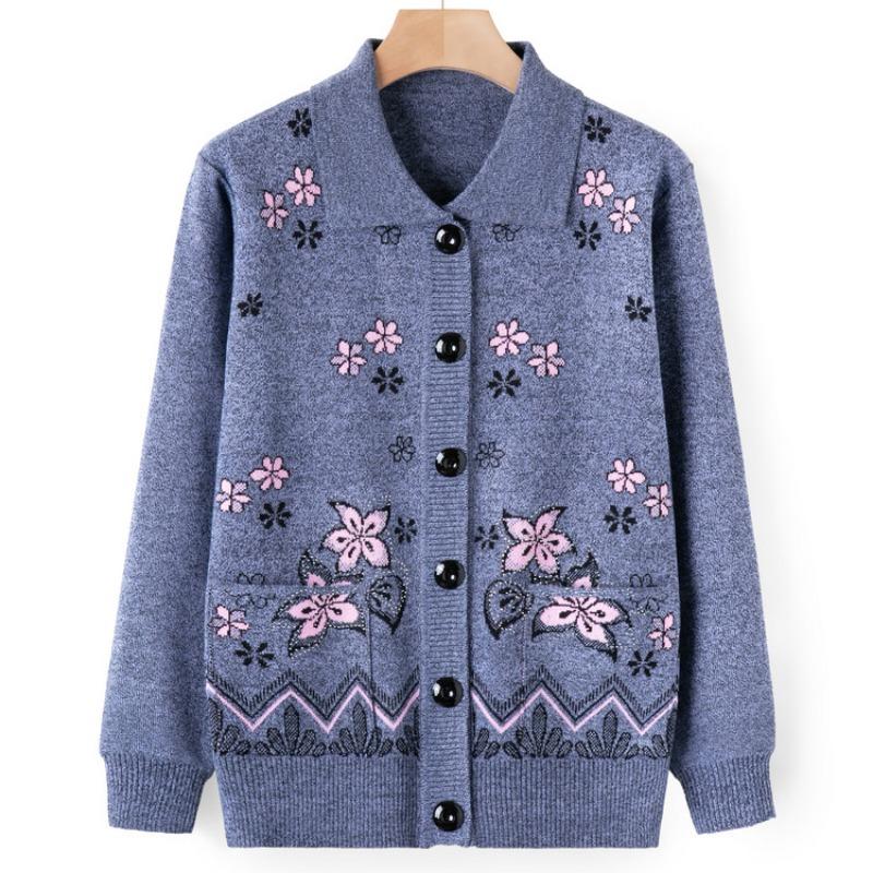 

Одежда для пожилой женщины, осенний свитер с лацканами, вязаный свитер для пожилой женщины, куртка, осенняя одежда, вязаный кардиган для тещи 4XL (recommended 130-72.5 kg) серый