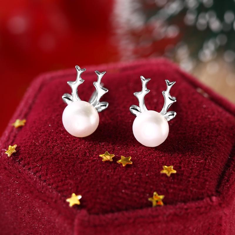 925 Sterling Silver Antler Pearl Stud Earrings - Freshwater Pearl Christmas Gift for Women