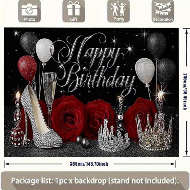 

2D Black Silver Birthday Backdrop Red Rose High Heels Photo Booth Background Banner 47.2x31.5inch/120*80cm