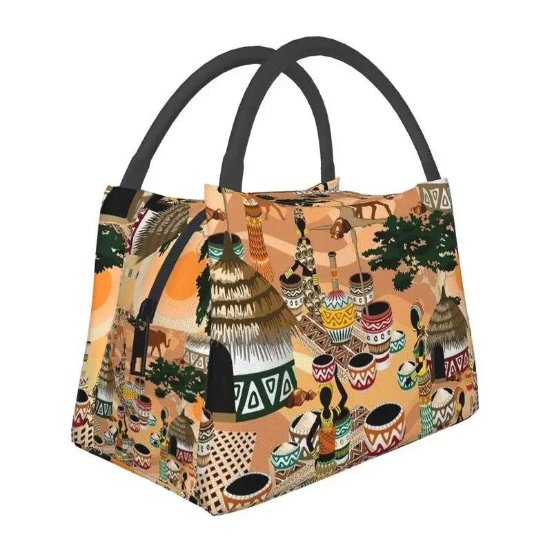 African Elements Pattern Insulated Lunch Bags Women Africa Culture Lunch Container for Outdoor Picnic Storage Meal Food Box