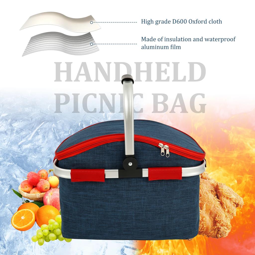 Picnic Basket D600 Oxford Cloth Insulation and Waterproof Shopping Basket Large Capacity Foldable Outdoor Carry Basket for Lunch