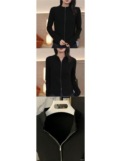 Versatile Women's Stand Collar Slim Fit Double Zipper Jacket - Stylish Long Sleeve T-shirt Cardigan for Autumn/Winter