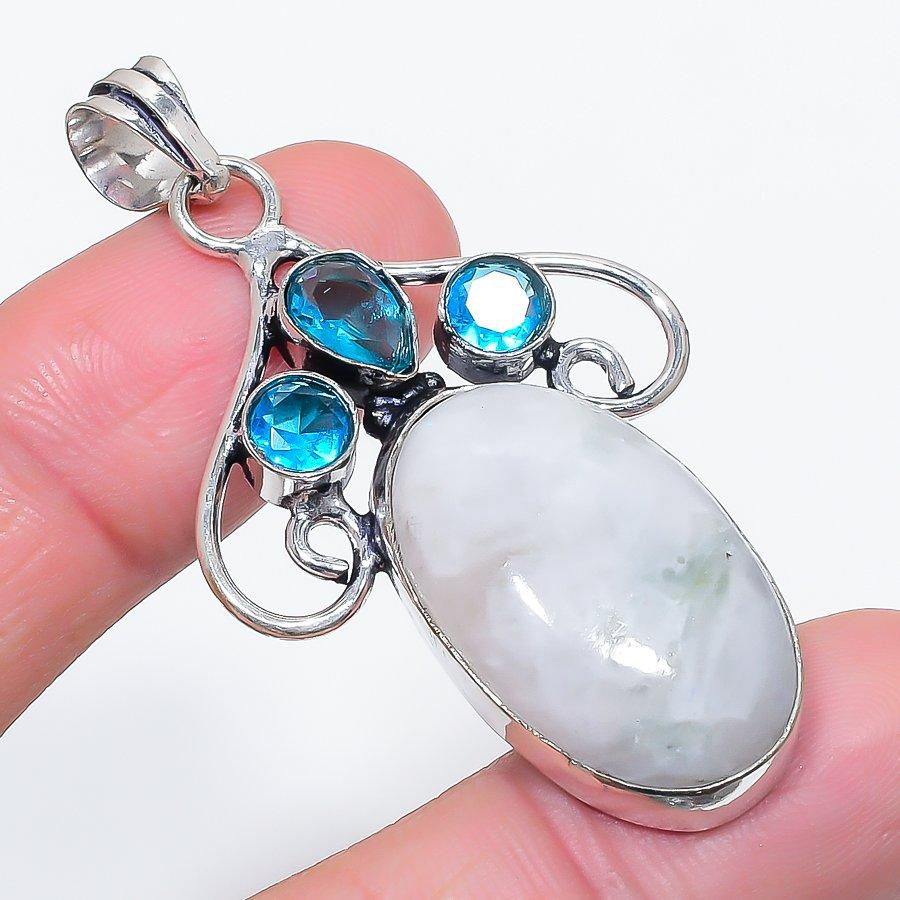 Natural Moonstone, Topaz Gemstone 925 Sterling Silver Jewelry Pendant 2.29" H3i90