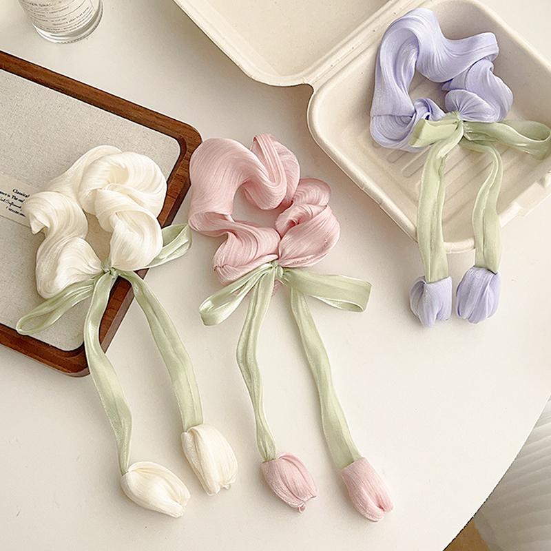 Cute Women's Girls Korean Style Hair Bands Elegant Tulip Scrunchie Ponytail Holder Bow Elastic Hair Ties Accessory