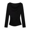 2025 Black One-Shoulder Long-Sleeve Women's T-shirt with Flowing Collar for Spring and Autumn