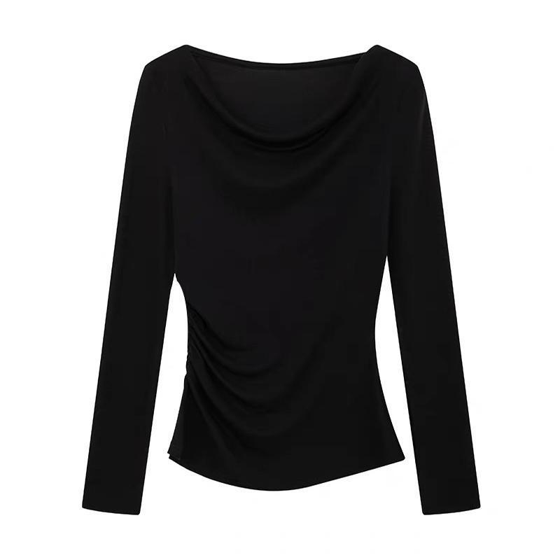 2025 Black One-Shoulder Long-Sleeve Women's T-shirt with Flowing Collar for Spring and Autumn