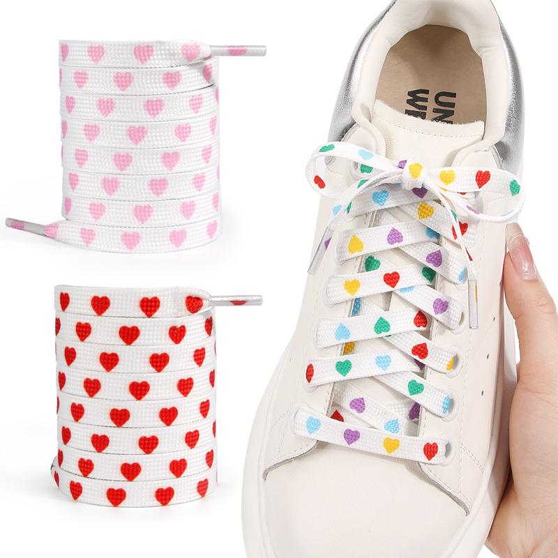 Fashion Shoes Cswo01 Men's Black/White Printed Heart Shoelace 0.8Cm Wide Quality Flat Shoelaces Sneakers Canvas Shoes Fashion Shoelaces 1Pair 120Cm