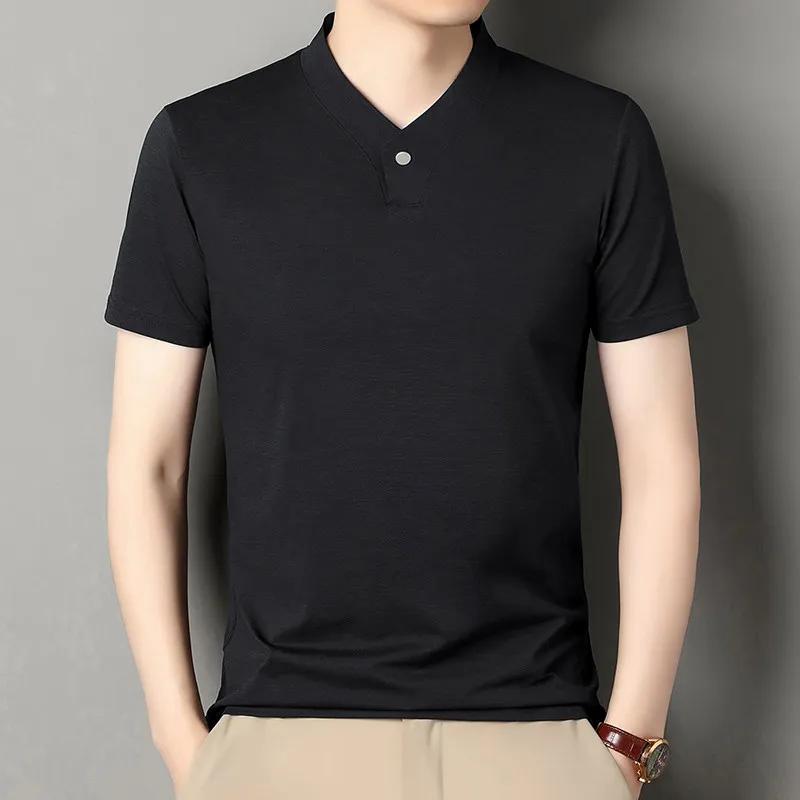 2026 Korean Style Men's Casual and Fashionable One Button V-neck Solid Color Short Sleeved T-shirt Summer Versatile Top