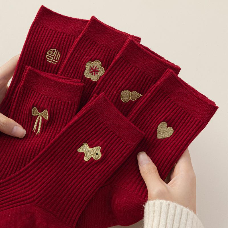 New Year Golden Embroidered Big Red Socks, Golden Horse Heart Bow, Simple Mid-calf Cotton Socks