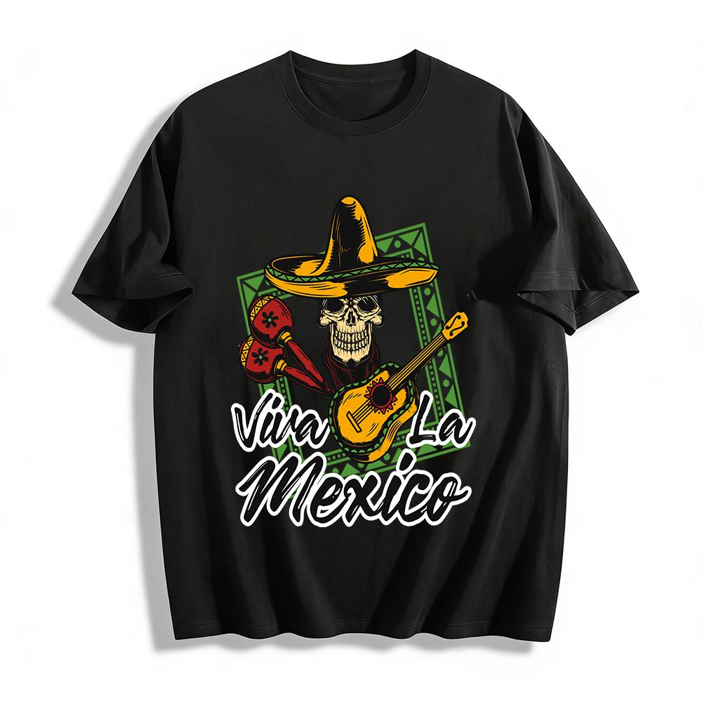 Long Live Mexico Skull Guitar Print Casual Short Sleeve T-Shirt Pure cotton T-shirt XXS