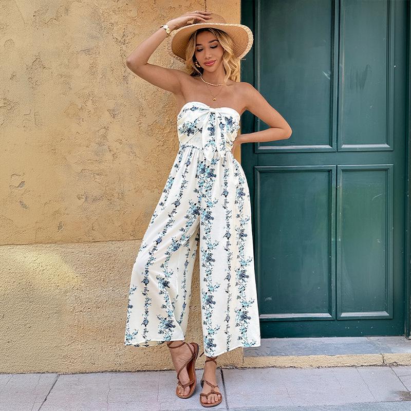 2026 Французский курортный стиль Бандо Цветочный принт Широкие брюки Комбинезон L белый