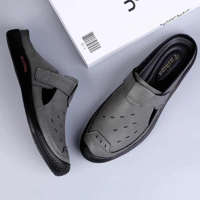 Pánské letní módní ručně šité ležérní sandály z hovězí kůže, prodyšné poloviční mokasíny, kožené pohodlné ploché poloviční mokasíny