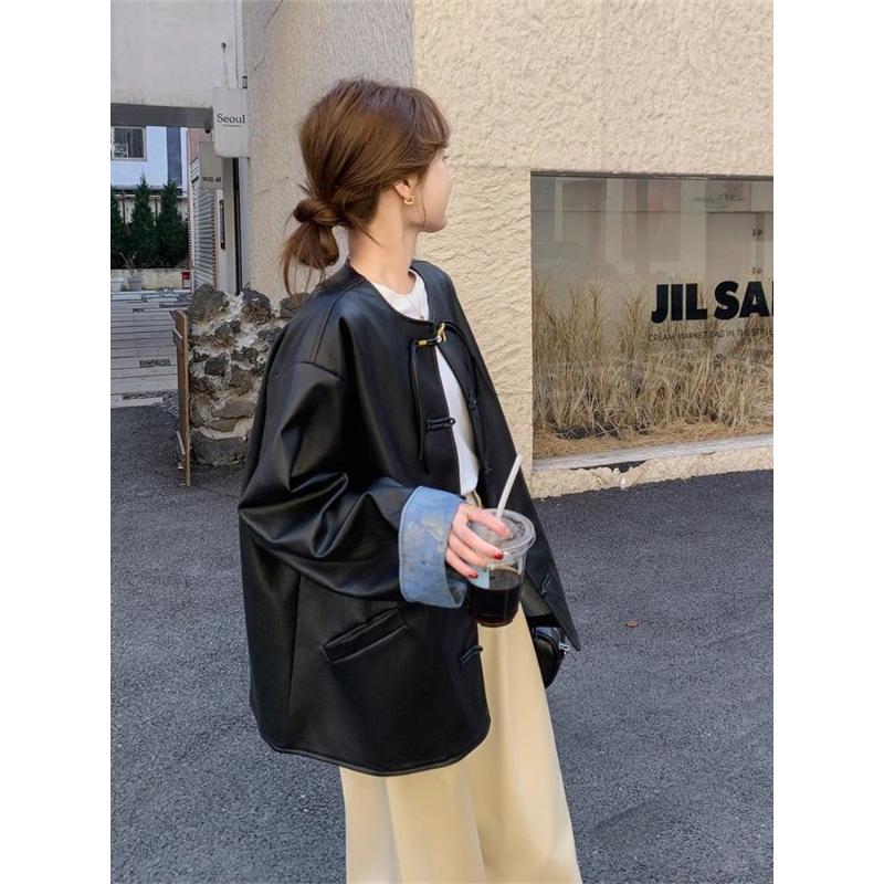 Leather Jacket Women Spring Autumn New Spliced Outerwear Temperament Retro Leather Jacket