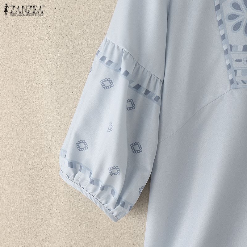 ZANZEA Womens Casual V-Neck 3/4 Sleeve Loose Print Blouse